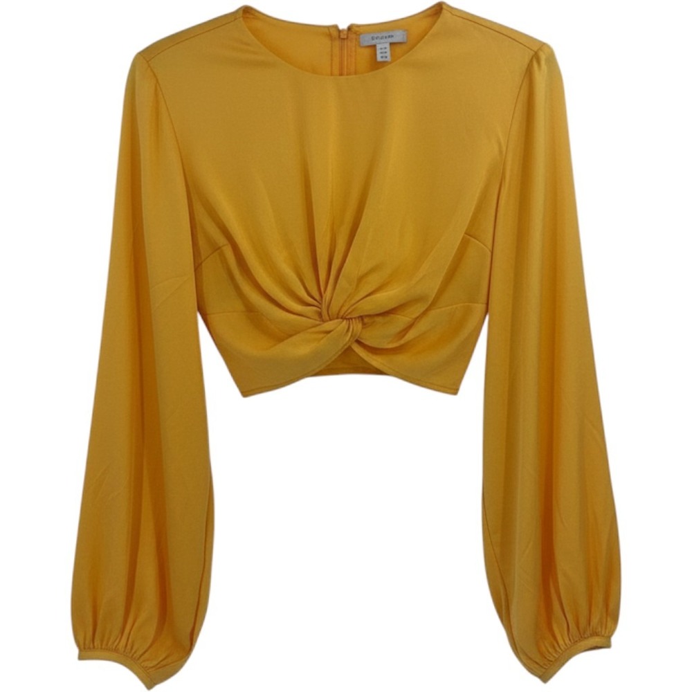Andrea Iyamah Behati Crop Top – Marigold Twist-Front Blouson Sleeve, Size S, NWT